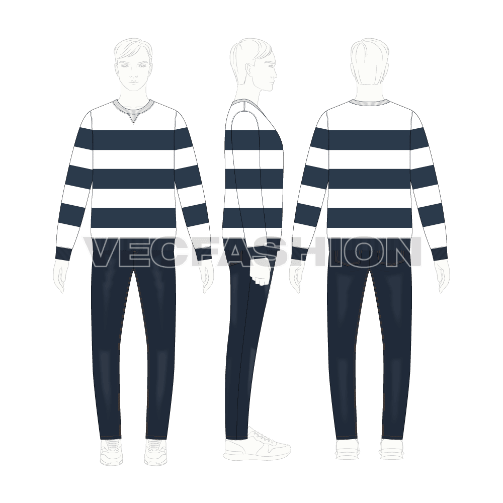 Mens nautical sweatshirt flat sketch, croqui sketch