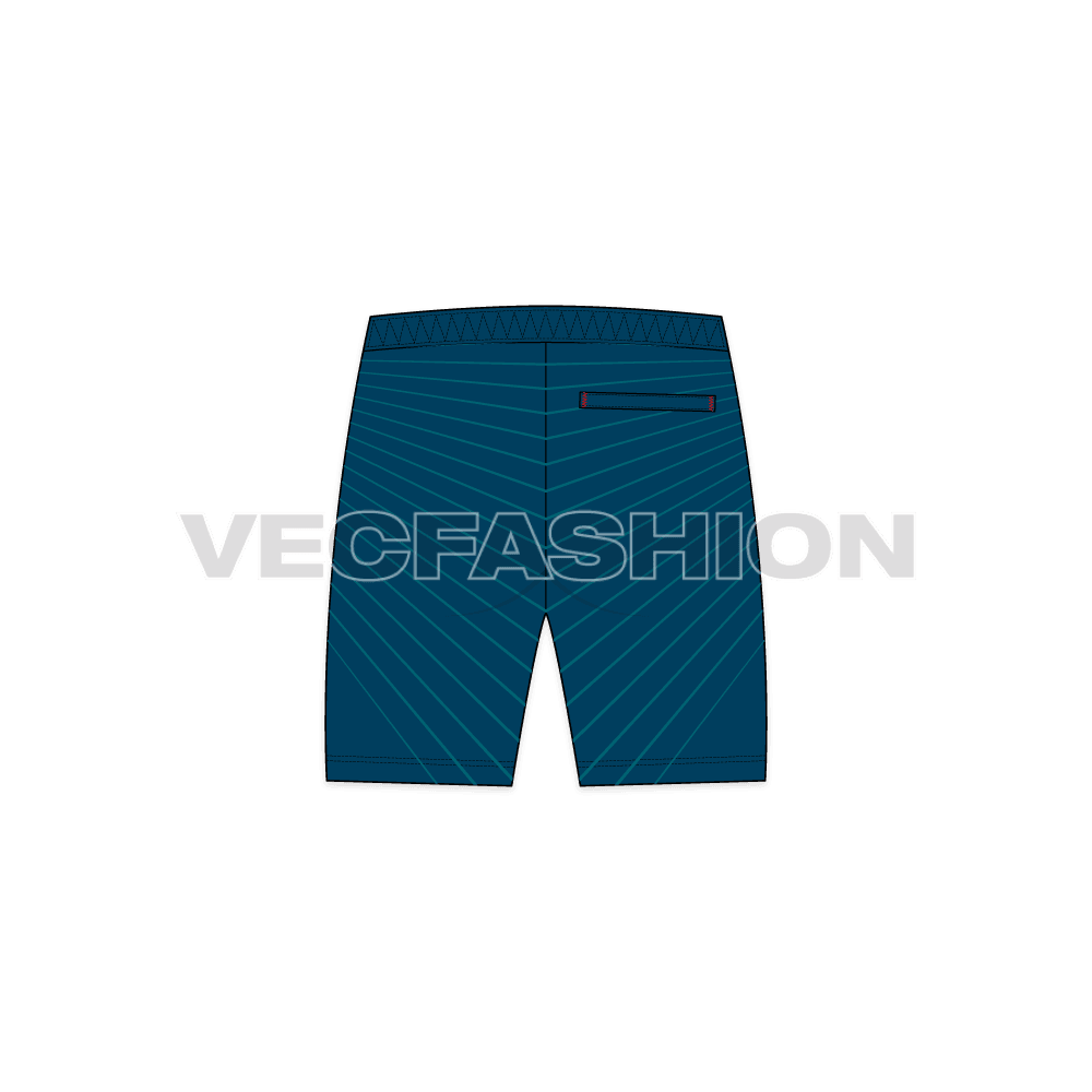 Mens nautical themed swim shorts flat sketch, back view