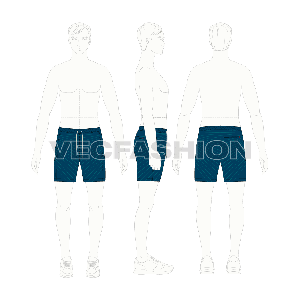 Mens nautical themed swim shorts flat sketch, croqui sketch