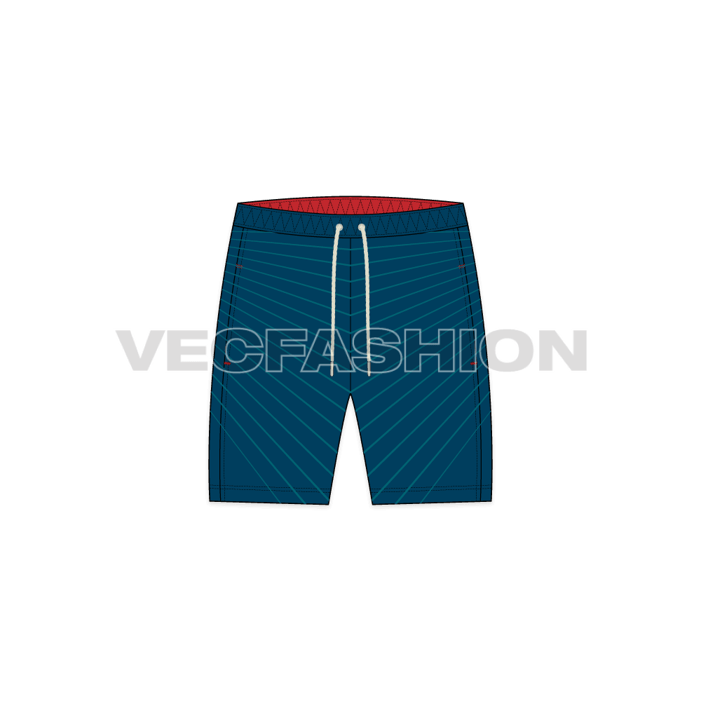 Mens nautical themed swim shorts flat sketch, front view