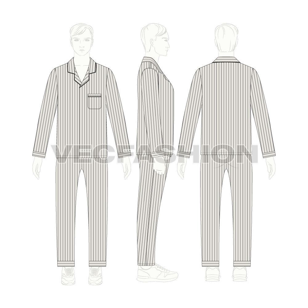 Mens night suit pajama set flat sketch, on croqui