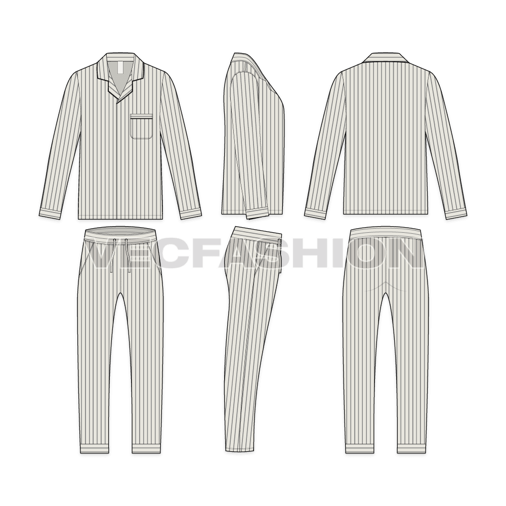 Mens night suit pajama set flat sketch, showing all views, front, side and back