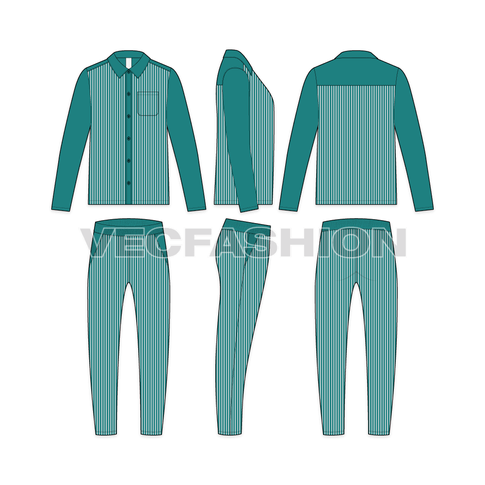 Mens nightwear pyjama set flat sketch, showing all views, front, side and back