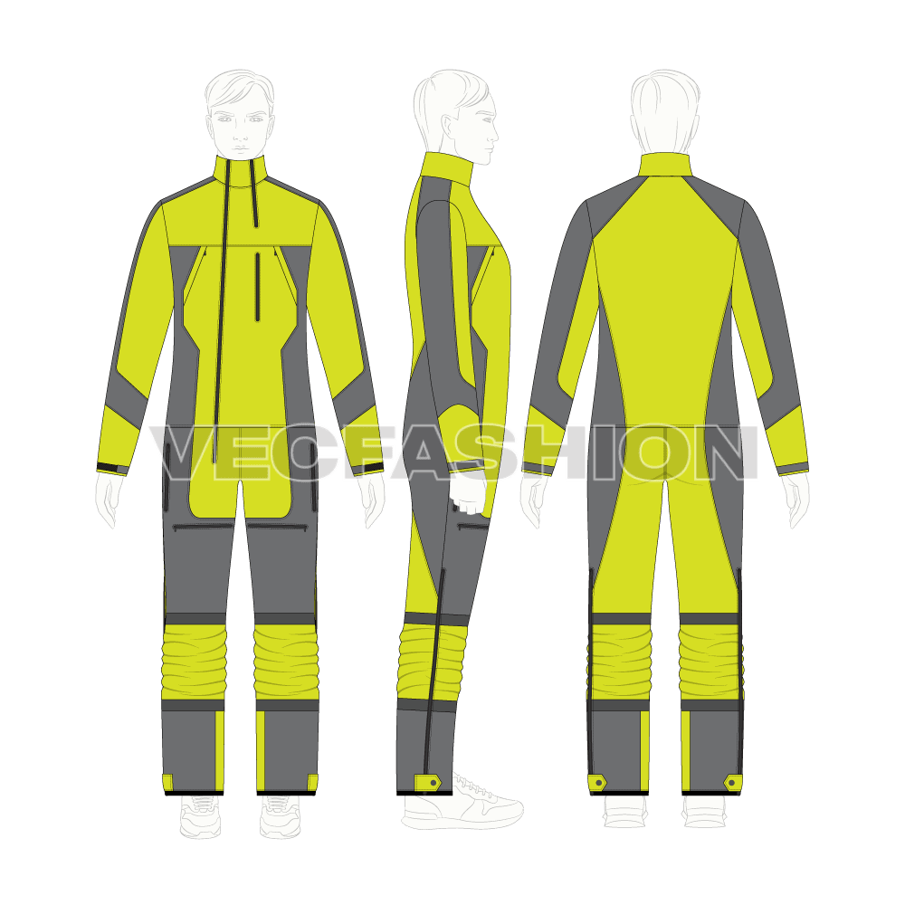 Mens one piece ski suit flat sketch, on croqui