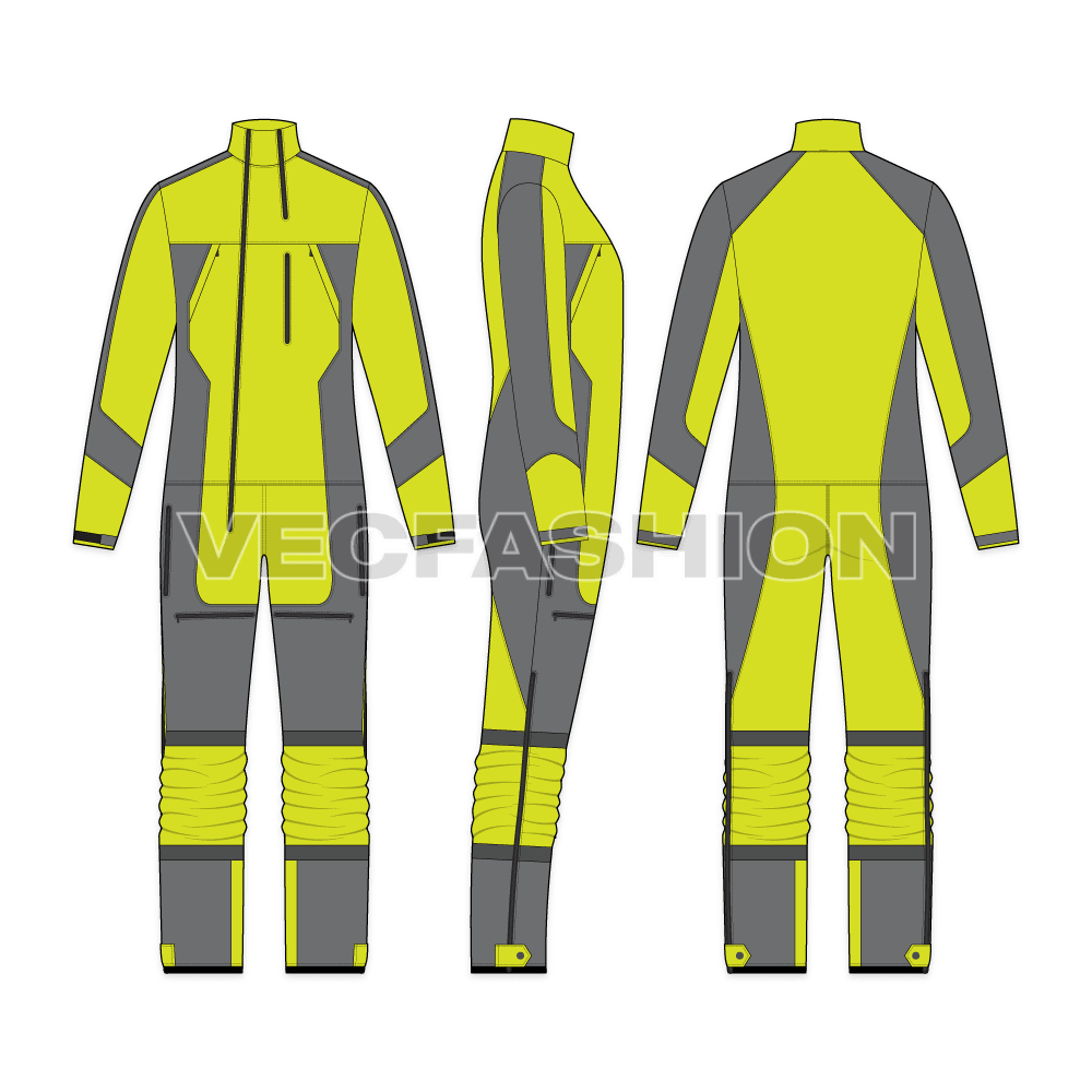 Mens one piece ski suit flat sketch, showing all views, front, side and back