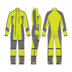 Mens one piece ski suit flat sketch, showing all views, front, side and back