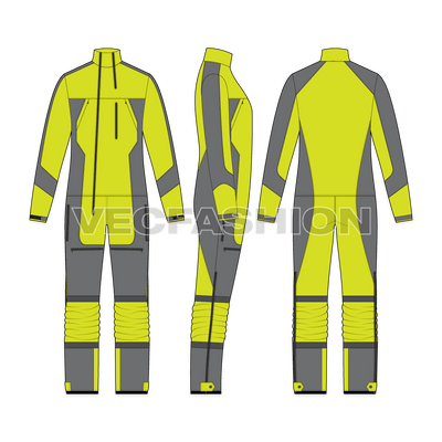 Mens one piece ski suit flat sketch, showing all views, front, side and back