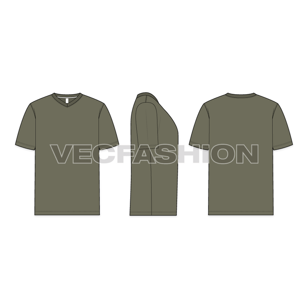 Mens t-shirt vector illustrator sketch showing front, side and back views. 