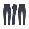 Mens outdoor tactical pants flat sketch, showing front, side and back views. 
