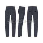 Mens outdoor tactical pants flat sketch, showing front, side and back views. 