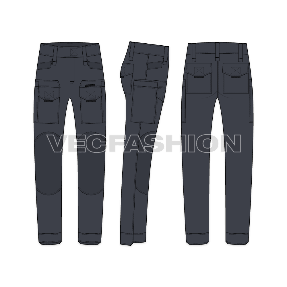 Mens outdoor tactical pants flat sketch, showing front, side and back views. 