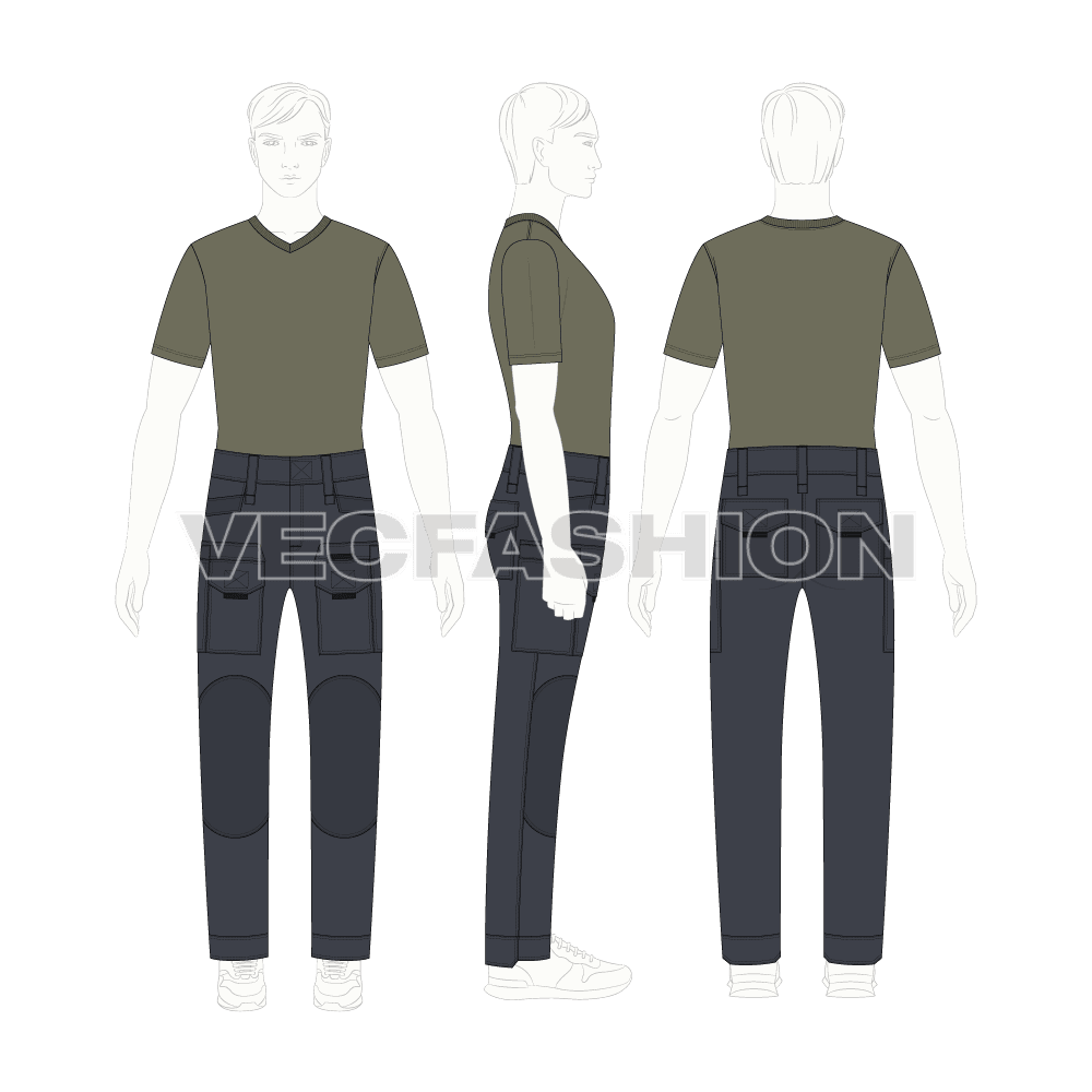 Mens outdoor tactical pants flat sketch, showing all views on the croqui