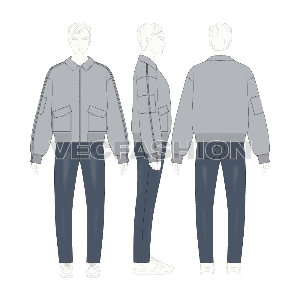 Mens Oversized Bomber Jacket flat sketch, croqui sketch