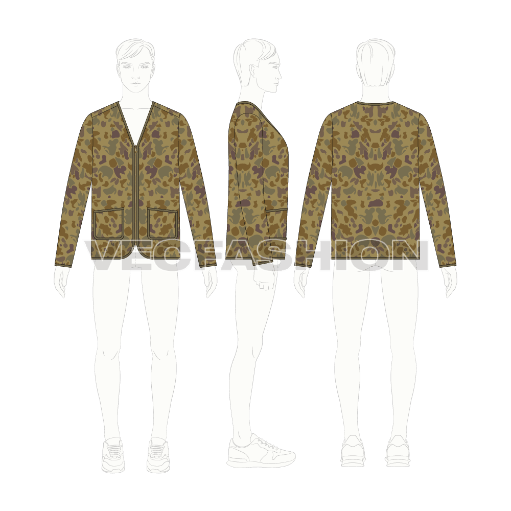 Mens oversized camo cardigan flat sketch, croqui sketch