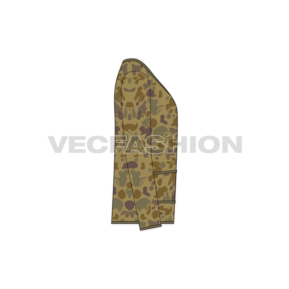 Mens oversized camo cardigan flat sketch, side view