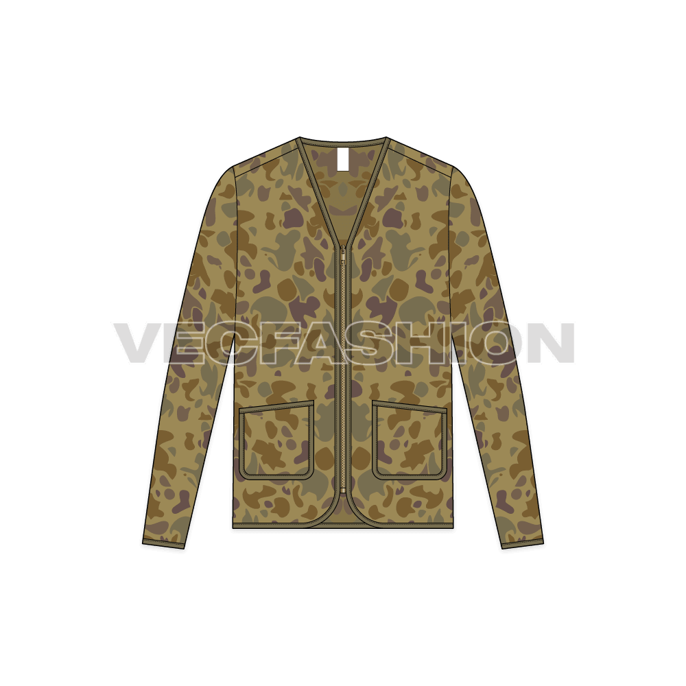 Mens oversized camo cardigan flat sketch, front view