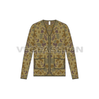 Mens oversized camo cardigan flat sketch, front view