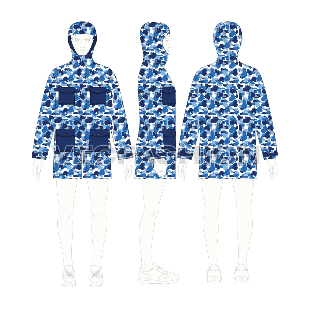 Mens Oversized Camo Jacket flat sketch, croqui sketch