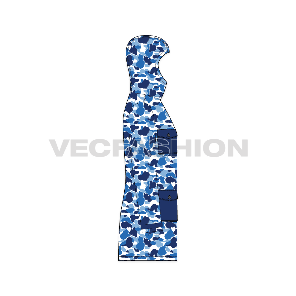 Mens Oversized Camo Jacket flat sketch, side view