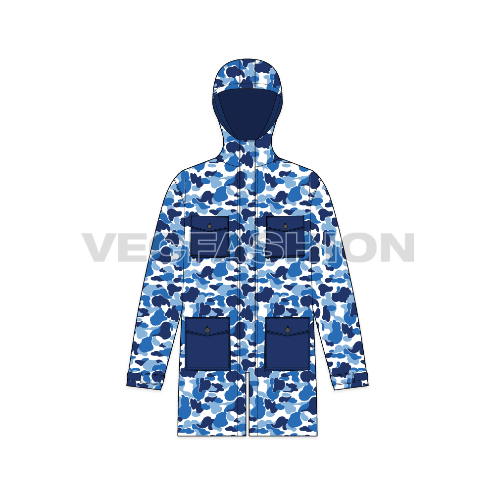 Mens Oversized Camo Jacket flat sketch, front view