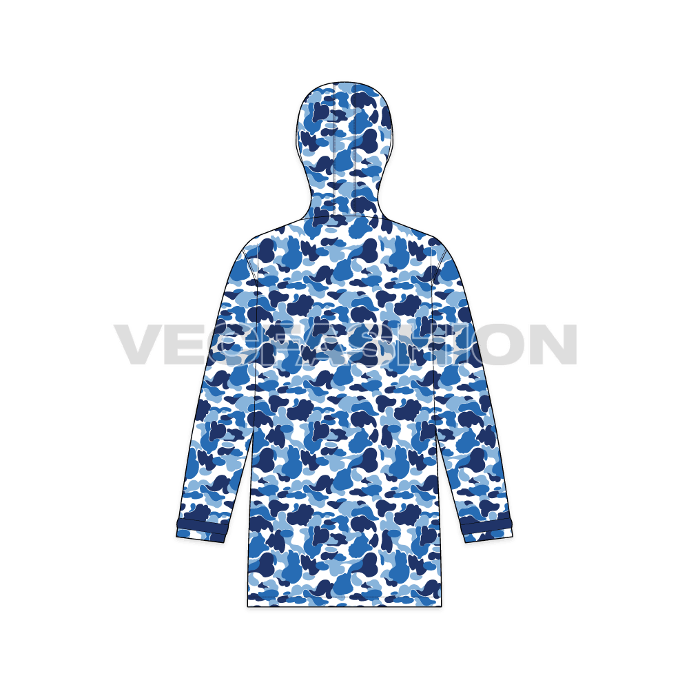 Mens Oversized Camo Jacket flat sketch, back view
