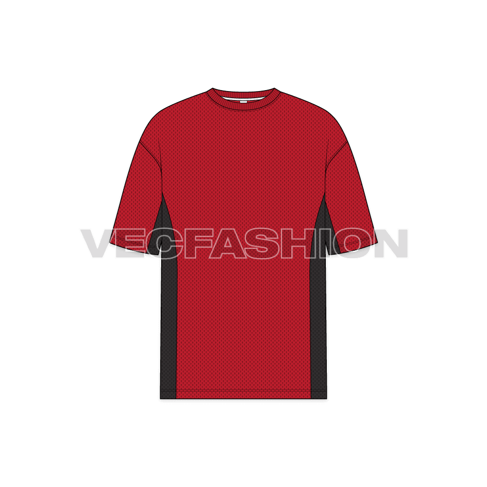 Mens oversized mesh t-shirt flat sketch, front view