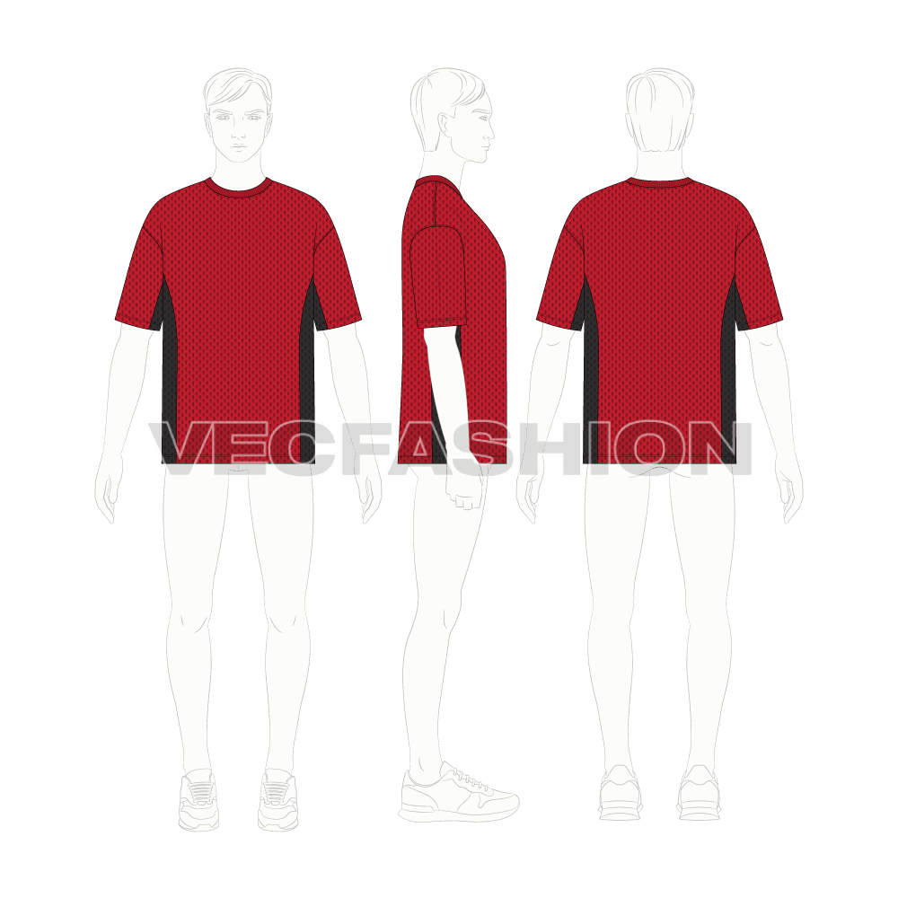Mens oversized mesh t-shirt flat sketch, croqui sketch