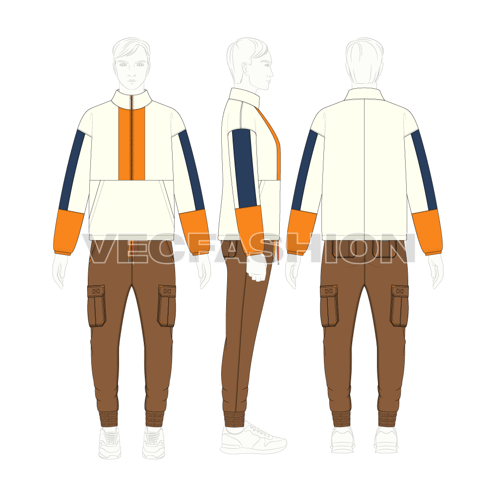 Mens oversized polar fleece pullover flat sketch, croqui sketch