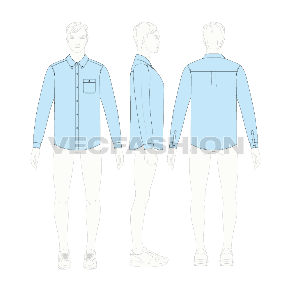 Mens oxford shirt flat sketch, croqui sketch