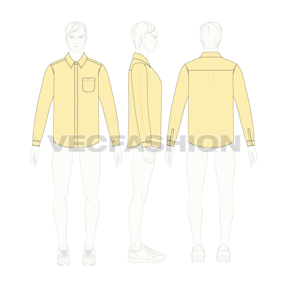 Mens oxford shirt flat template flat sketch, croqui sketch