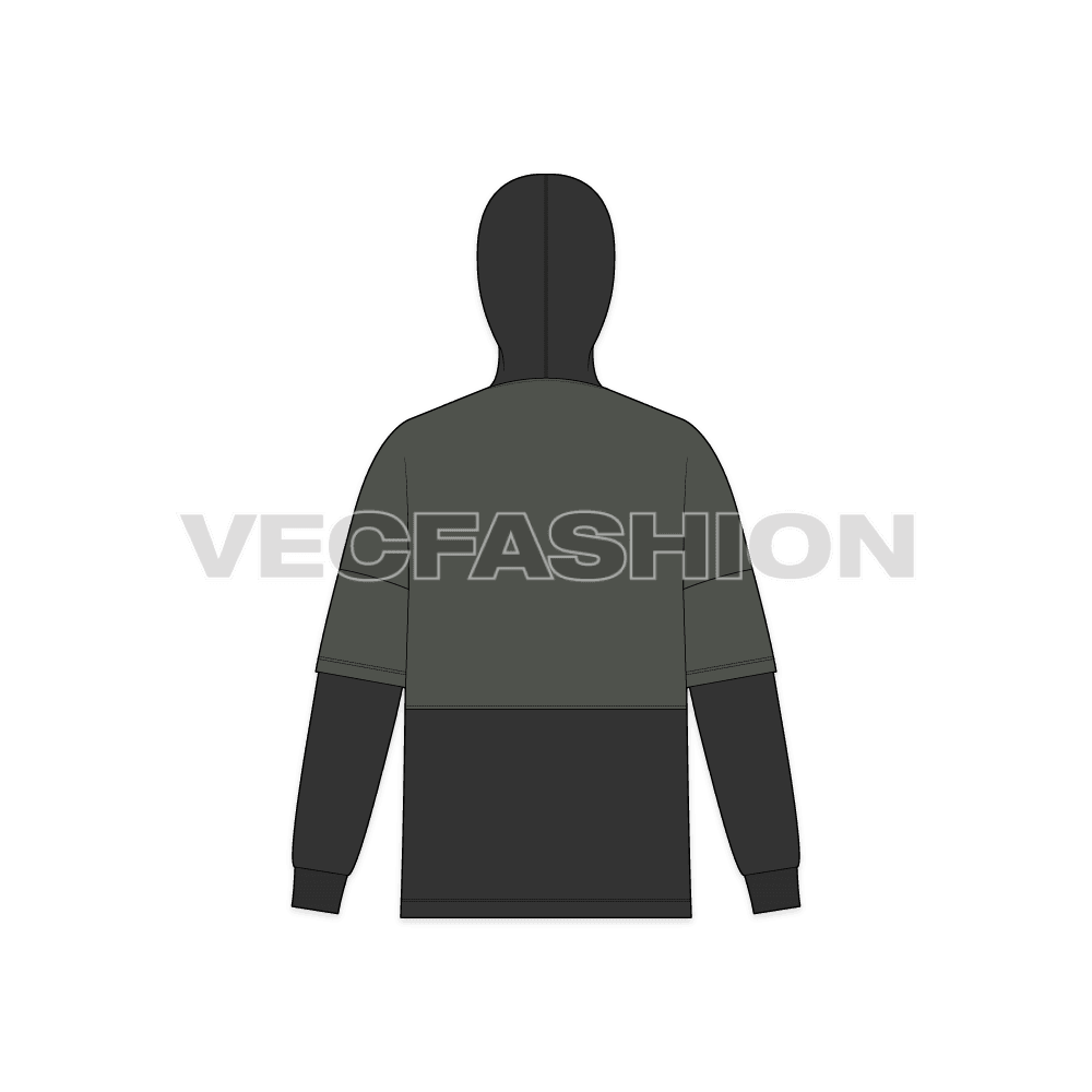 Mens panelled hoodie flat sketch, back view