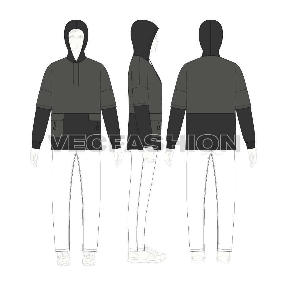 Mens panelled hoodie flat sketch, croqui sketch