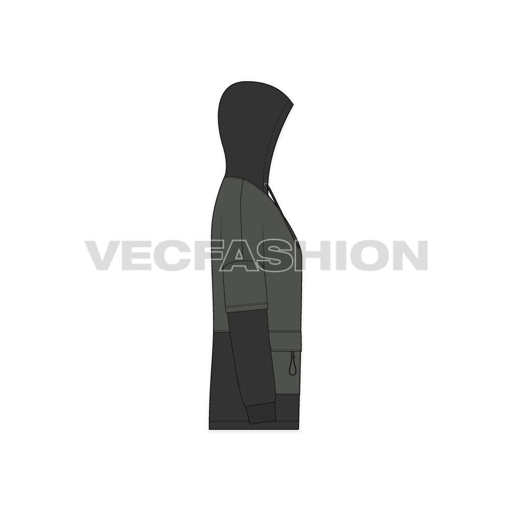 Mens panelled hoodie flat sketch, side view