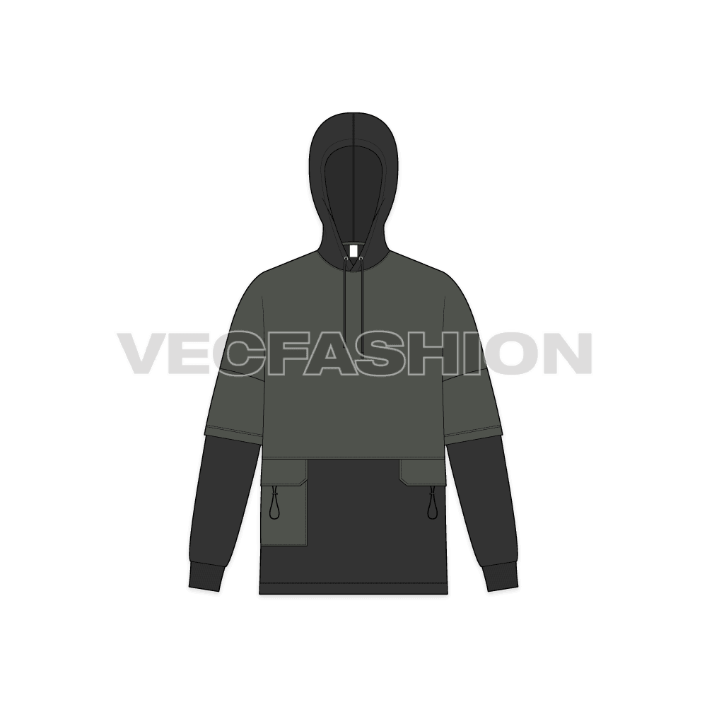 Mens panelled hoodie flat sketch, front view