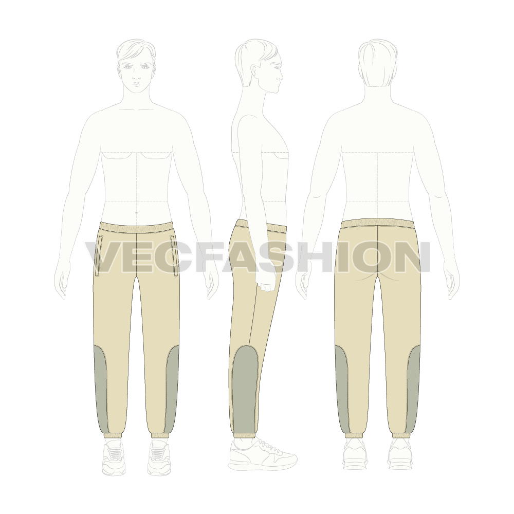 Mens panelled linen pants flat sketch, croqui sketch