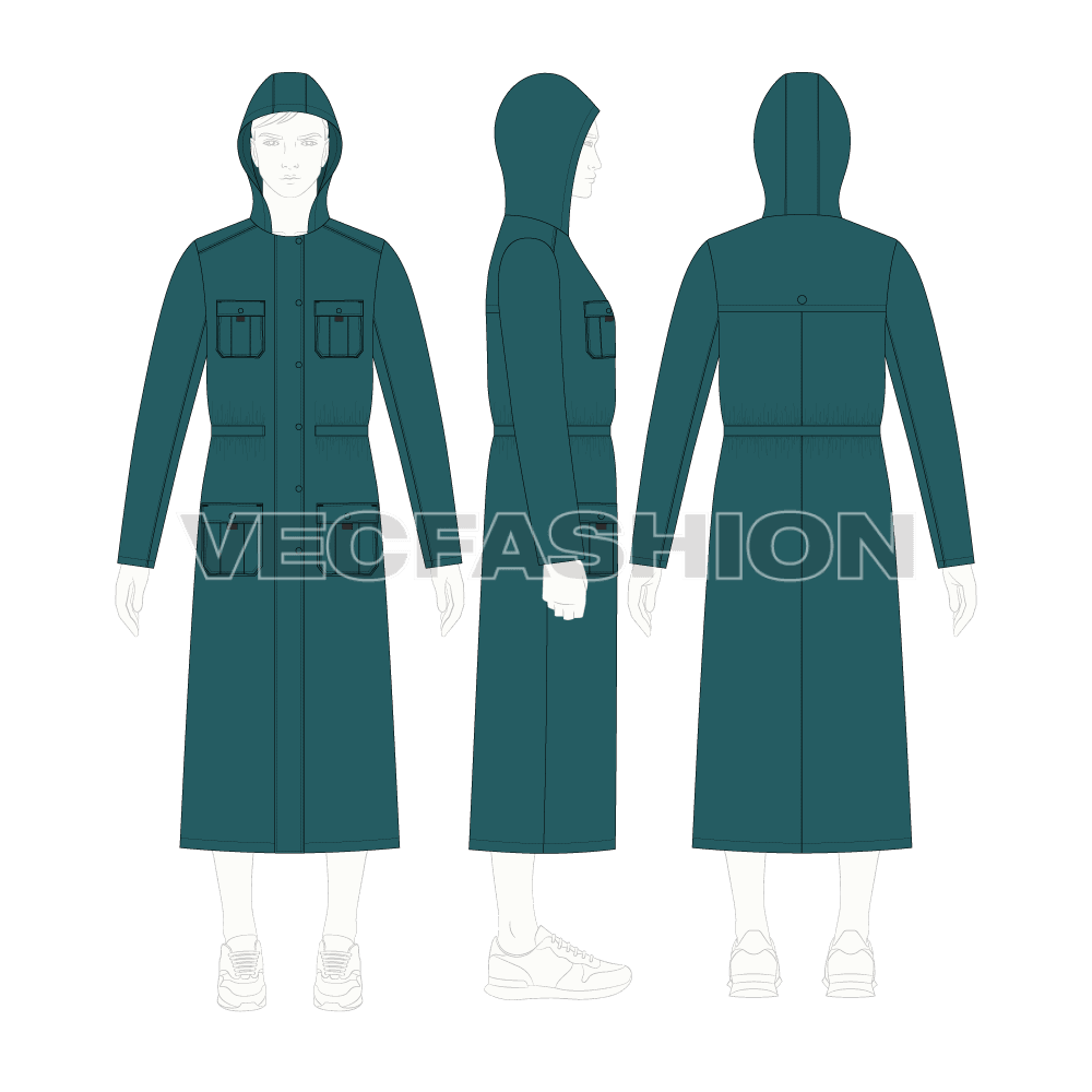 Mens Parka Coat flat sketch, croqui sketch