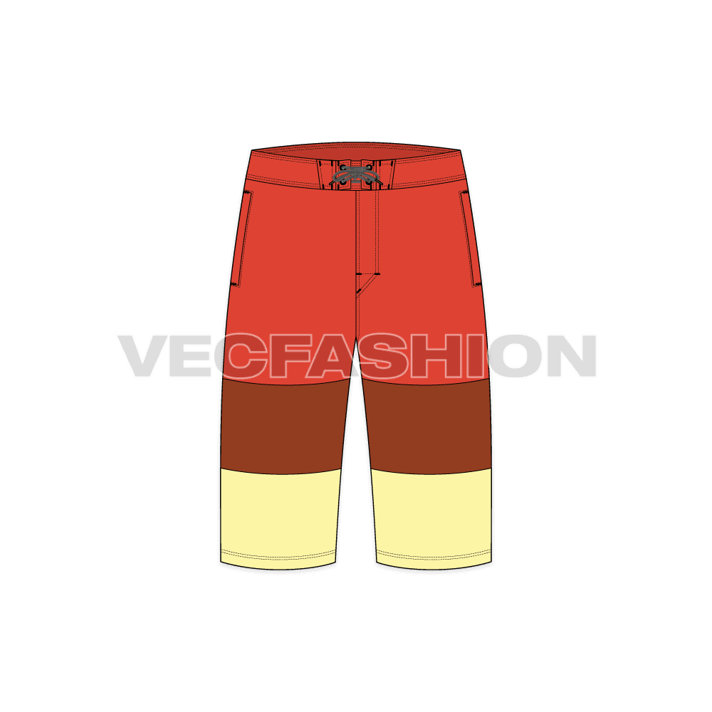 Mens pedal pushers board shorts flat sketch, front view