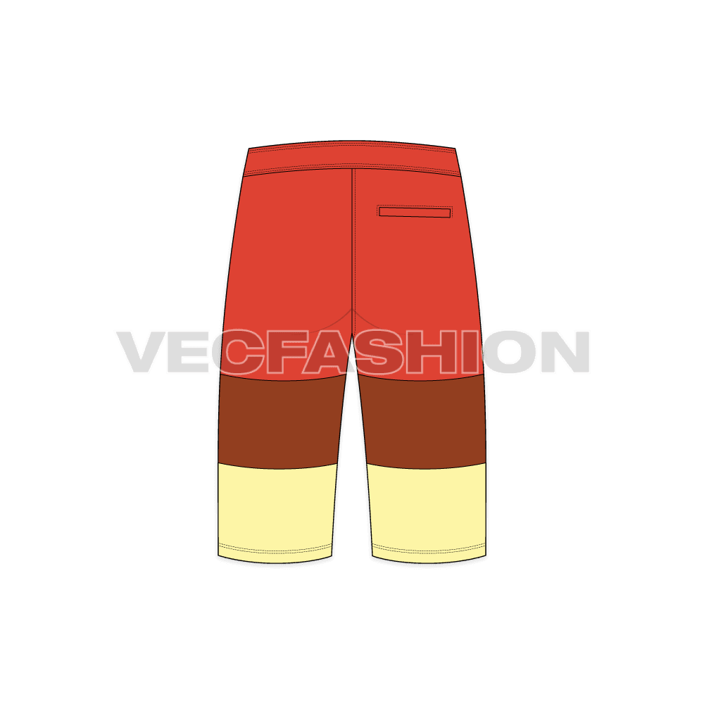 Mens pedal pushers board shorts flat sketch, back view