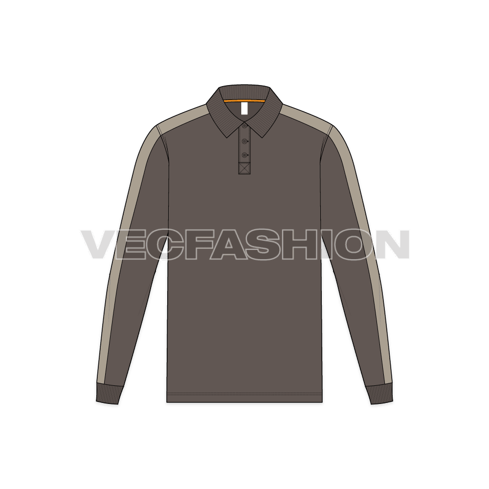 Mens pique polo shirt flat sketch, front view