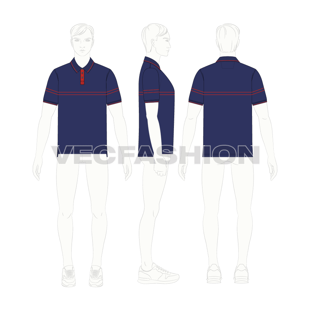 Mens polo neck t-shirt flat sketch, croqui sketch