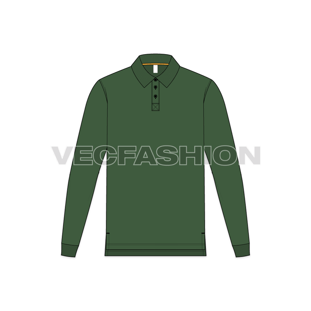Mens polo shirt with extended back flat sketch, front view