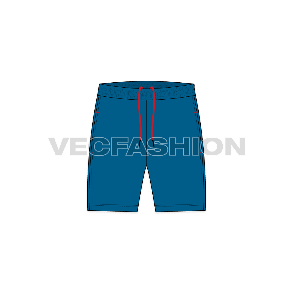 Mens polyester sport shorts flat sketch, front view