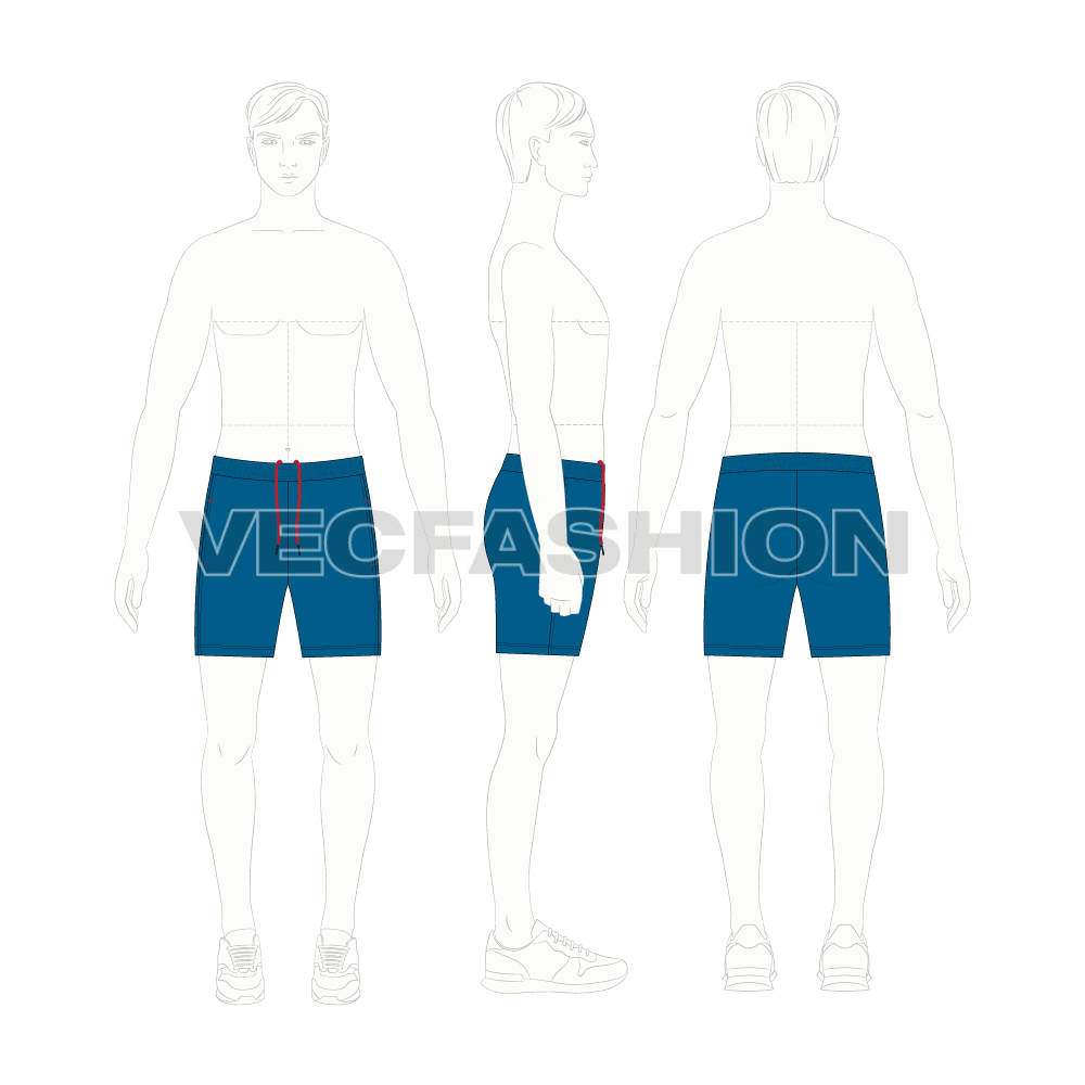 Mens polyester sport shorts flat sketch, croqui sketch