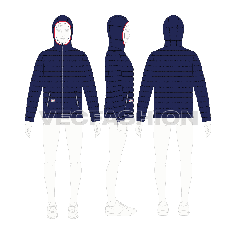 Mens Puffer Coat flat sketch, croqui sketch