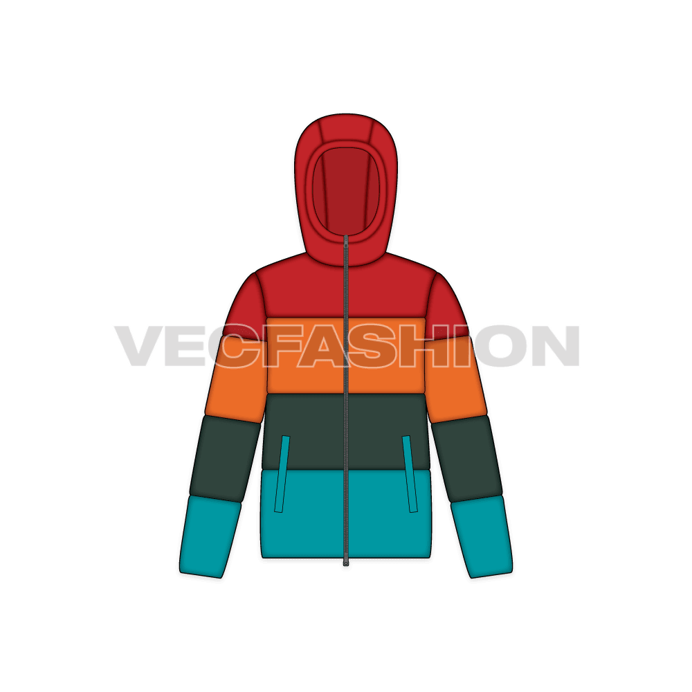 Mens Puffer Jacket flat sketch, front view