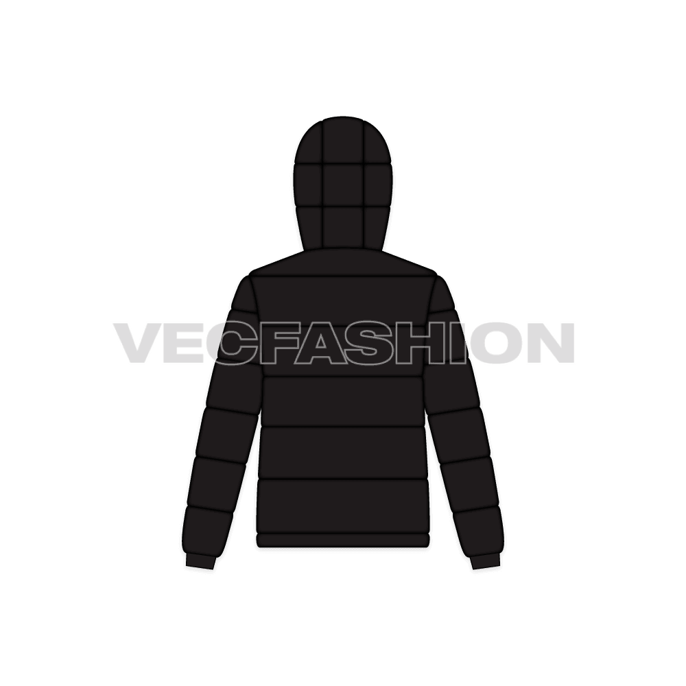 Mens Puffer Jacket with Detachable Hood flat sketch, back view