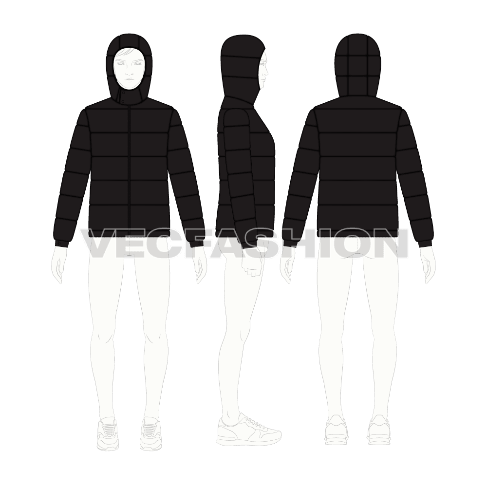Mens Puffer Jacket with Detachable Hood flat sketch, croqui sketch