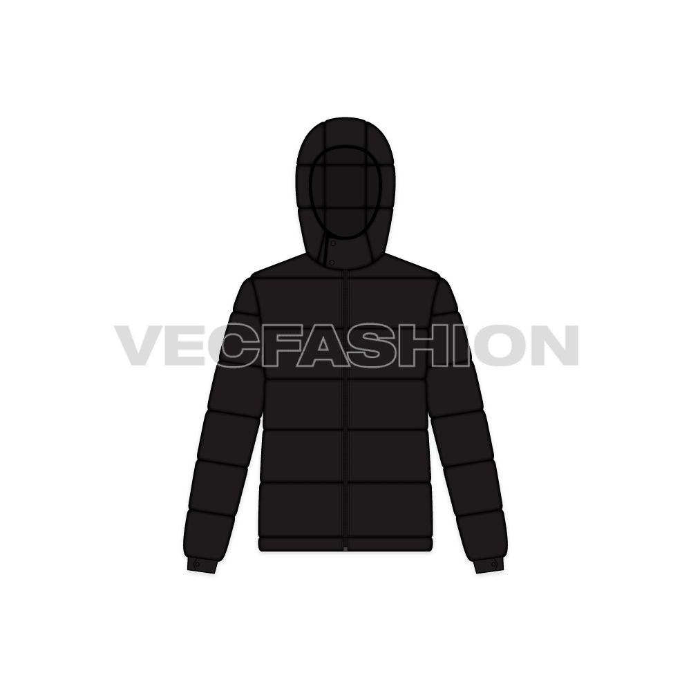 Mens Puffer Jacket with Detachable Hood flat sketch, front view