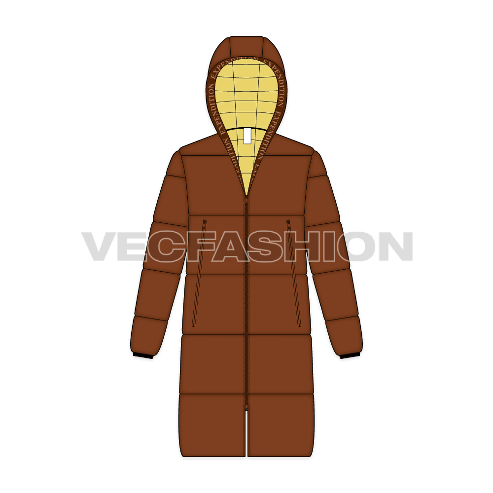 Mens Puffer Jacket with Oversized Hood flat sketch, front view