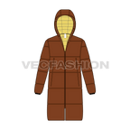 Mens Puffer Jacket with Oversized Hood flat sketch, front view